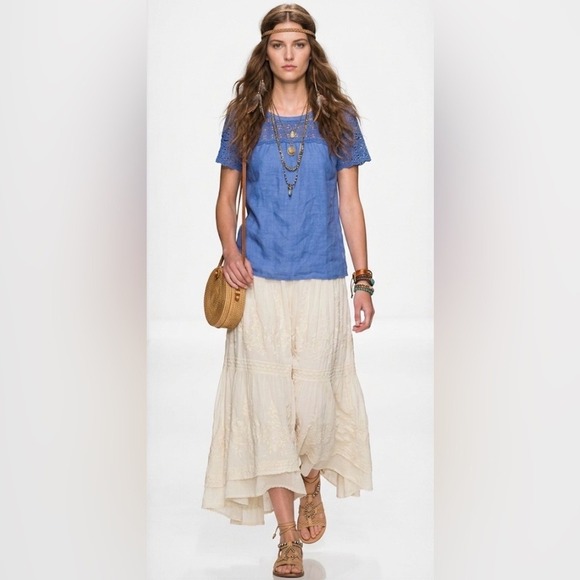 J.Crew Tops - J.Crew Blue 100% Linen Crochet Lace Yoke Short Sleeve Top C3489 Size 0